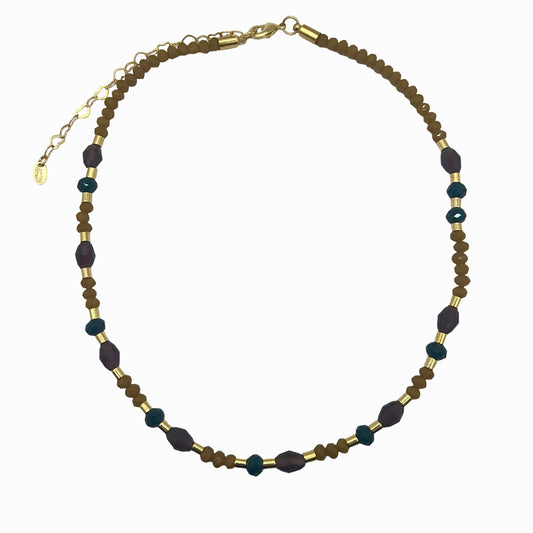 Colar Cristais Mostarda e Detalhes em Vinho e Verde Dourado