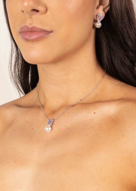 Conjunto Colar e Brinco Retângulo Colorido com Pérola Prateado