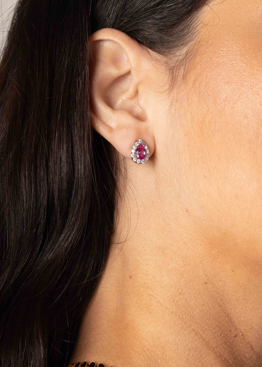 Brinco Gota Pedra Rosa com Entorno Cravejado Prateado