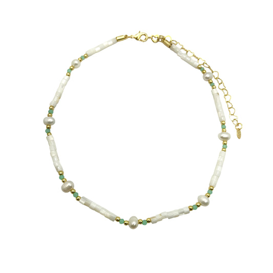 Colar Madrepérola com Pérolas e Cristais Verde Água Dourado