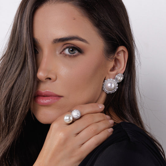 Anel Esfera e Pérola Prateado