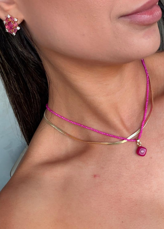 Conjunto Colares e Brinco Rosa