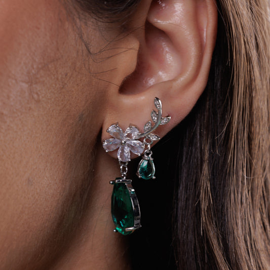 Brinco Flor Cristal com Gota Turmalina Prateado
