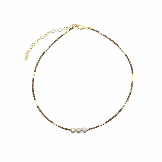 Colar Cristais Caramelo e Pérolas Dourado