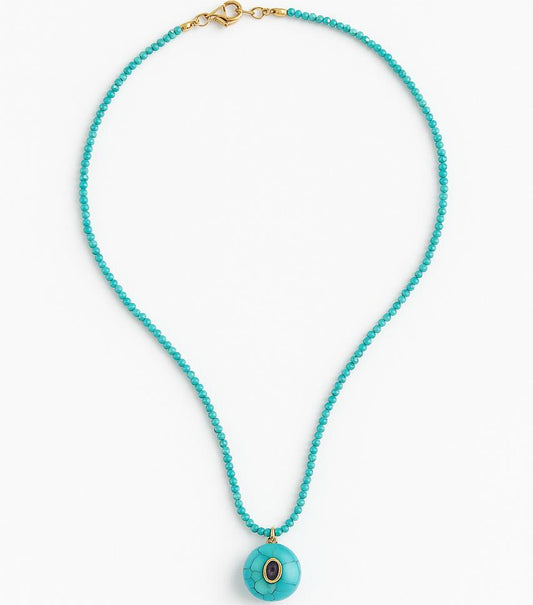 Colar Cristais Azul com Pingente de Pedra Turquesa