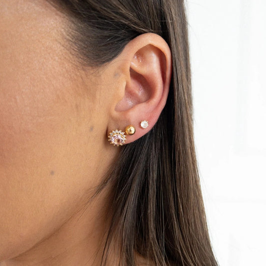 Brinco Trio Oval Cravejado Rosa Bolinha Lisa e Ponto de Luz Dourado