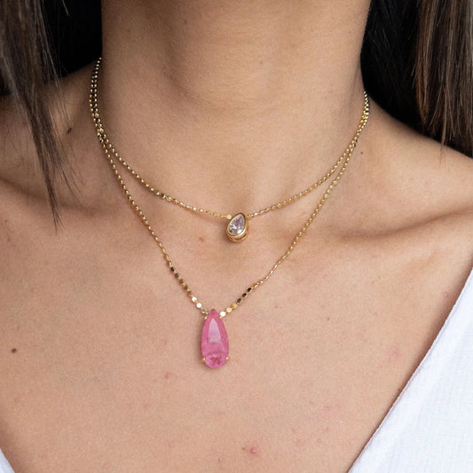 Colar Duplo Corrente Bolinhas Pingentes Rosa e Cristal Dourado