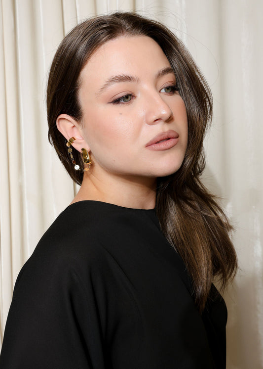 Ear Cuff com Corrente + Brinco Pérola Dourada