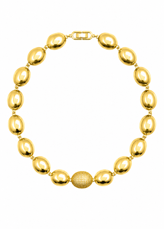 Colar Ovais Lisos e Oval Cravejado Cristal Dourado