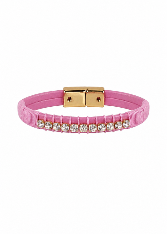 Pulseira Couro Macramê com Cravejado Dourado