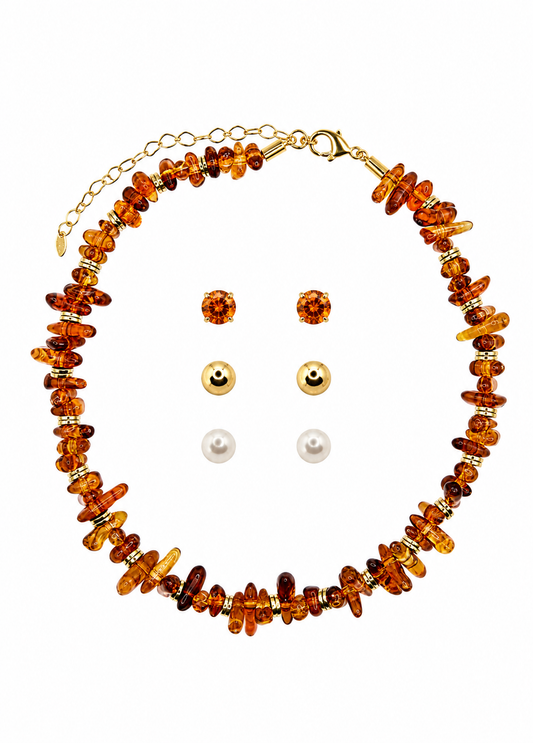 Conjunto Cristais Âmbar e Trio de Brincos