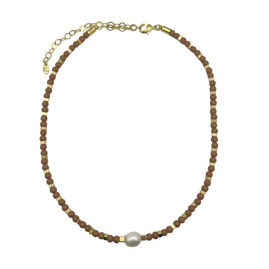 Colar Cristais Caramelo com Pérola Dourado