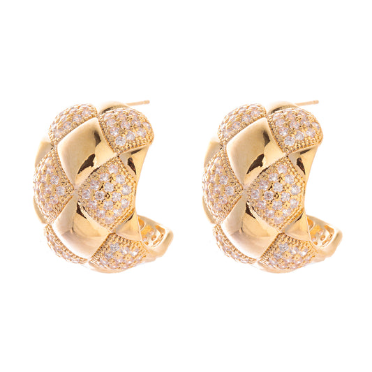 Brinco Argola Detalhe Liso e Cravejado Cristal Dourado/Prateado