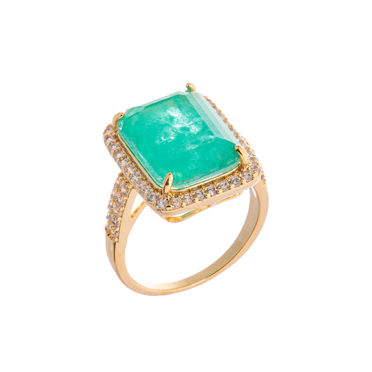 Anel Cravejado com Maxi Retângulo Verde Dourado