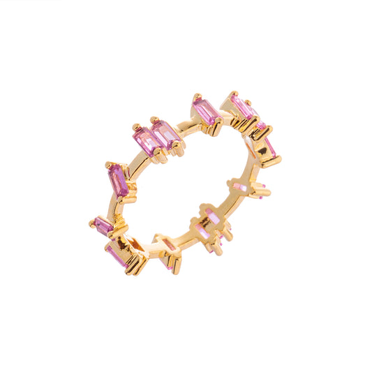 Anel Pedras Retas Rosas Dourado