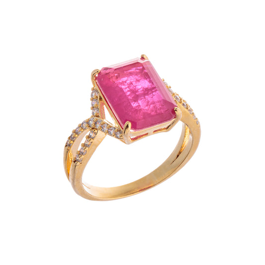 Anel Cravejado com Maxi Retângulo Rosa Dourado