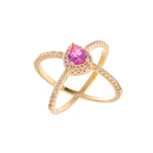 Anel X Cravejado com Gota Rosa Centro Dourado