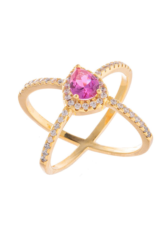 Anel X Cravejado com Gota Rosa Centro Dourado
