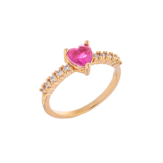 Anel Coração Rosa Detalhe Cravejado Dourado