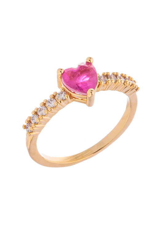 Anel Coração Rosa Detalhe Cravejado Dourado