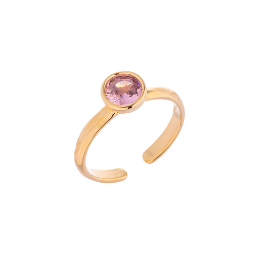 Anel Liso com Pedra Rosa Redonda Dourado
