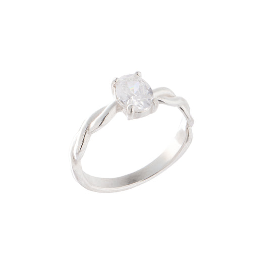 Anel Estilo Solitário Detalhe Torcido com Oval Cristal Prata 925