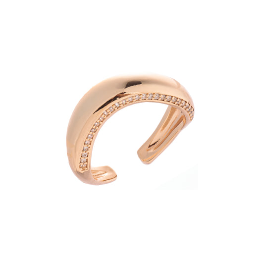 Anel Onda Liso com Lateral Cravejada Dourado/Prateado