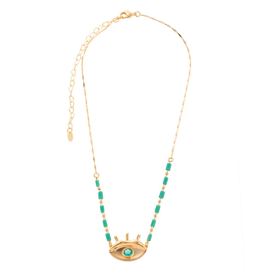 Colar Corrente Com Cristais Verdes e Olho Grego Dourado