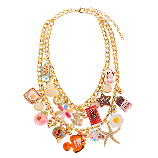 Colar Elos Duplos com Pingentes Divertidos Diversos Dourado