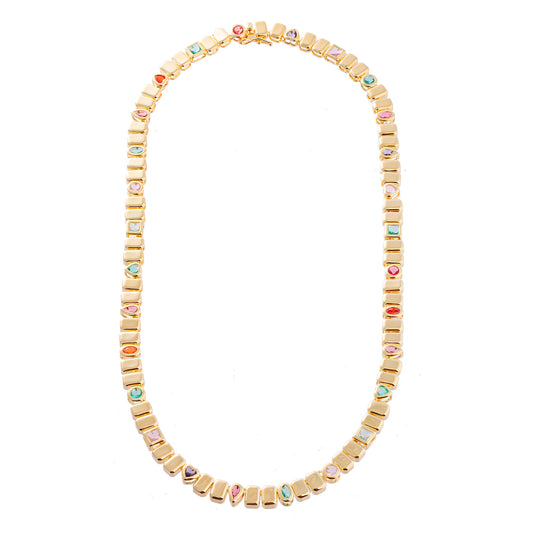 Colar Retângulos Lisos Com Cristais Coloridos Dourado