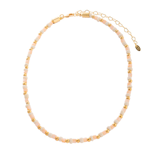 Colar Cristais Rosa Claro e Branco com Esferas Dourado