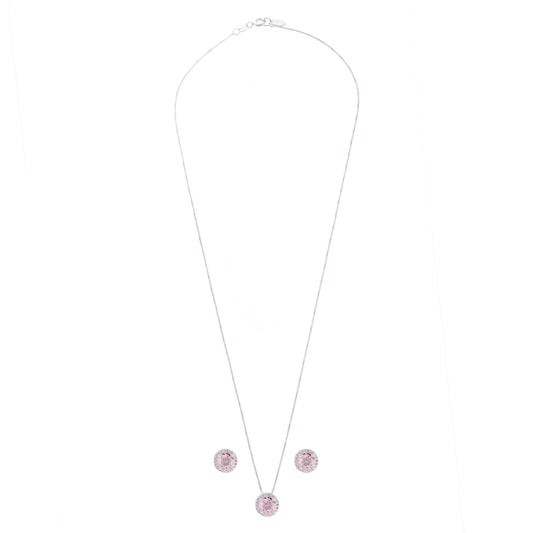 Conjunto Colar e Brinco Redondo Pedra Rosa Prata 925