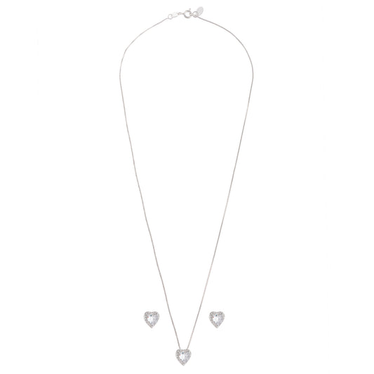 Conjunto P Colar e Brinco Coração Cravejado Prata 925