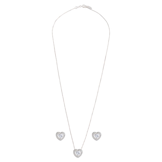Conjunto Colar e Brinco Coração Cravejado Prata 925