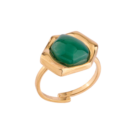 Anel Hexágono Pedra Natural Dourado