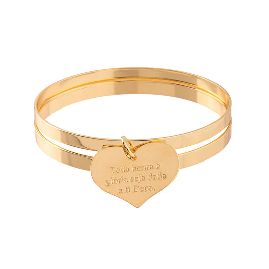 Pulseira Bracelete Liso Duplo com Pingente de Coração Escrita Dourado