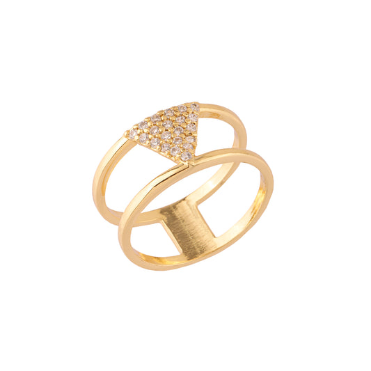 Anel Linhas Duplas Triângulo Cravejado Dourado