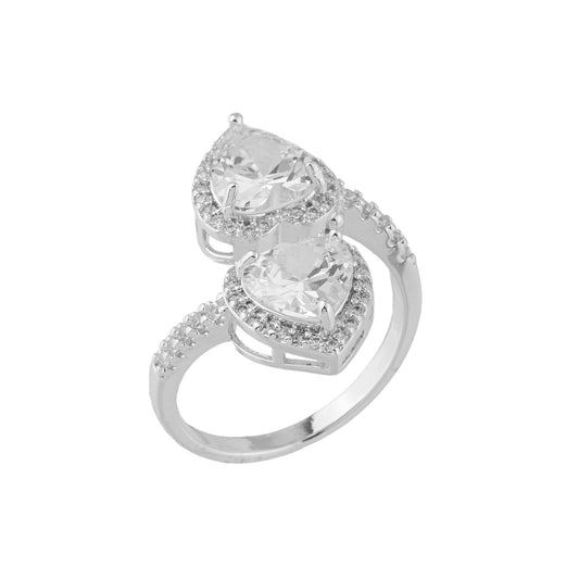 Anel Coração Duplo Cravejado Prateado