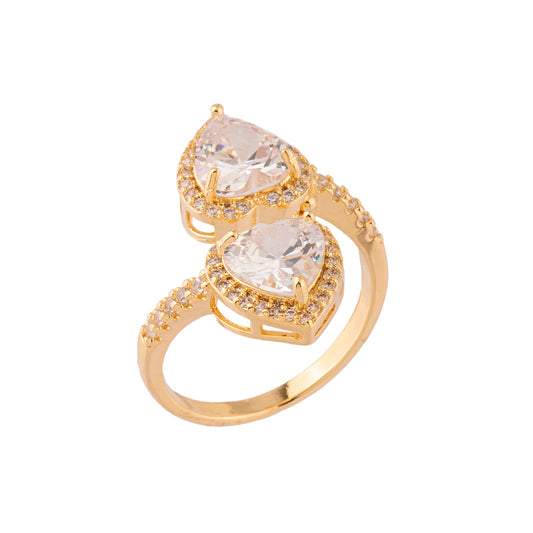 Anel Coração Duplo Cravejado Dourado