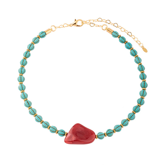 Colar Pedras Turquesa e Pedra Maior Vermelha Dourado