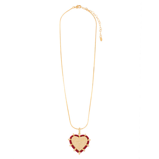 Colar Corrente Diamantada com Pingente Coração Cravejado e Entorno Trançado Vermelho Dourado