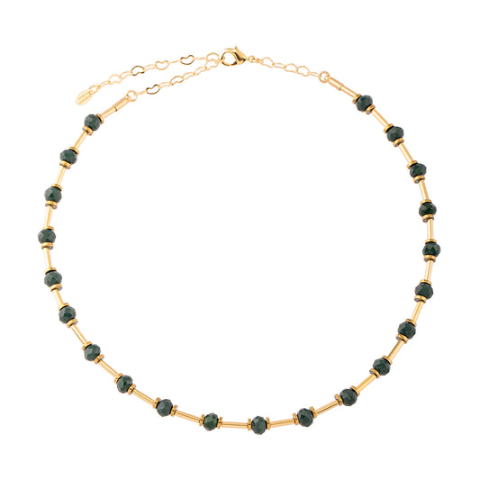 Colar Canutilhos e Cristais Verdes Dourado