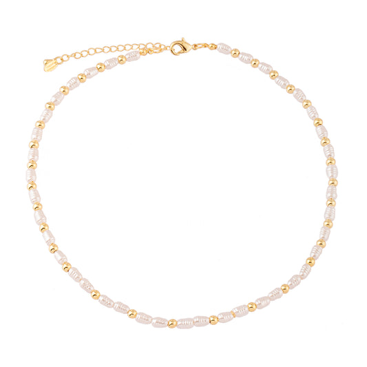 Colar Pérolas e Esferas Intercaladas Dourado