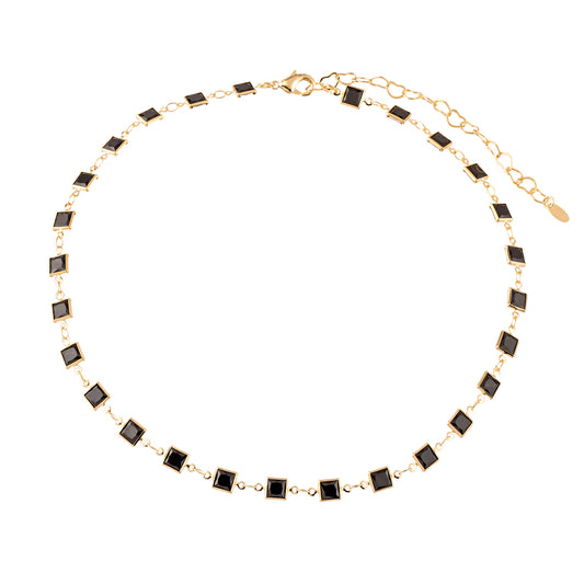 Colar Choker Cristais Quadrados Pretos Dourado