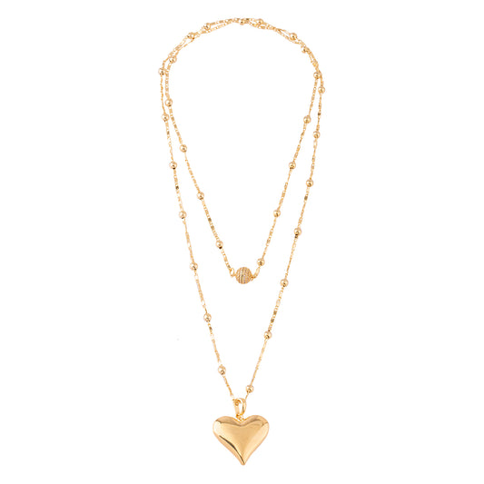 Colar Longo Corrente Lisa e Esferas com Pingente de Coração Dourado