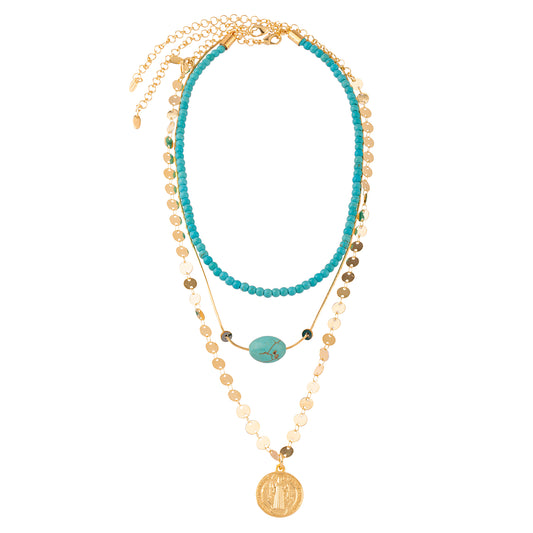 Colar Trio Choker Turquesa, Medalhinhas com Medalha Maior e Corrente Lisa com Pedra Alongada Turquesa Dourado