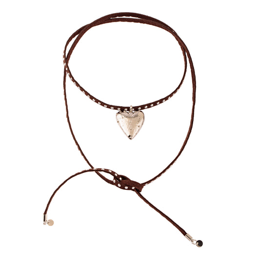Colar Cordão Marrom Claro/Escuro com Pingente Coração Prateado