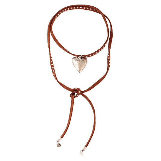 Colar Cordão Marrom Claro/Escuro com Pingente Coração Prateado