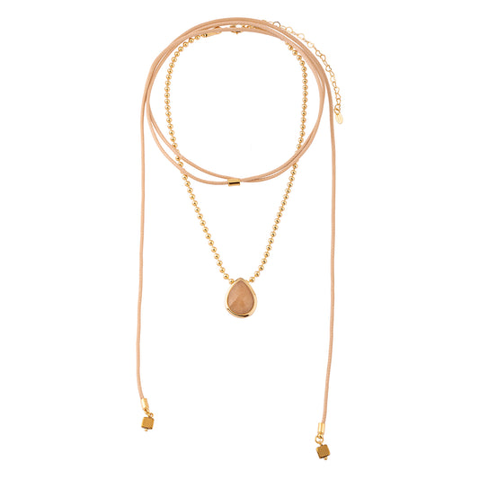 Colar Duplo Cordão Creme/Marrom com Corrente Bolinhas e Gota Areia/Marrom Dourado