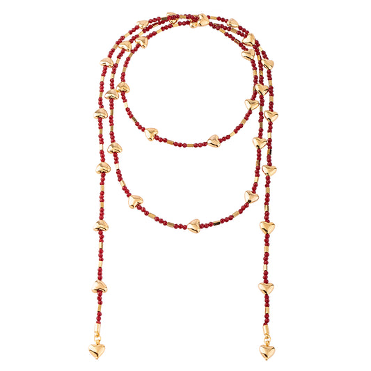 Colar Cordão Cristais Vermelhos e Corações Dourado
